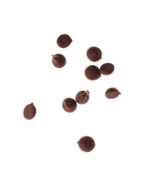 Photo of Many sweet chocolate chips isolated on white