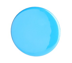 Photo of One light blue button badge isolated on white. Mockup for design