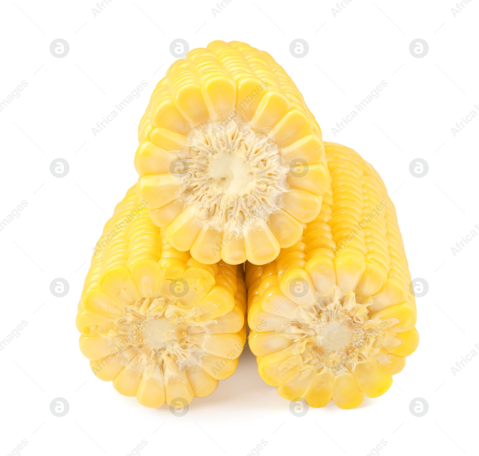 Photo of Halves of fresh corncobs isolated on white