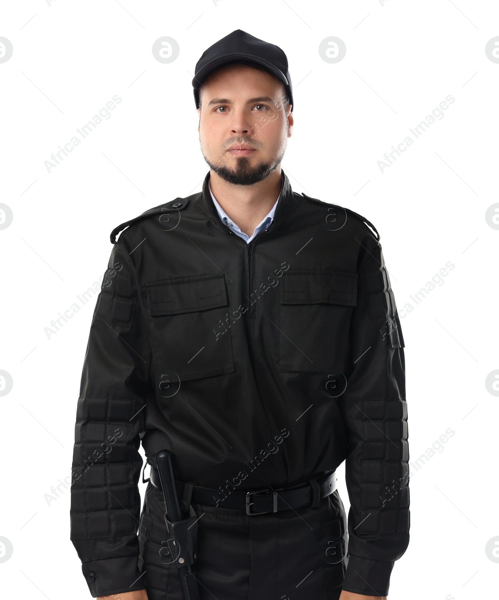 Photo of Young security guard in uniform isolated on white