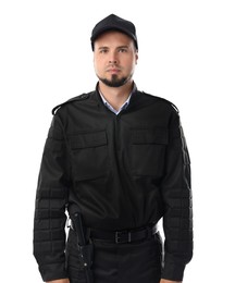 Photo of Young security guard in uniform isolated on white