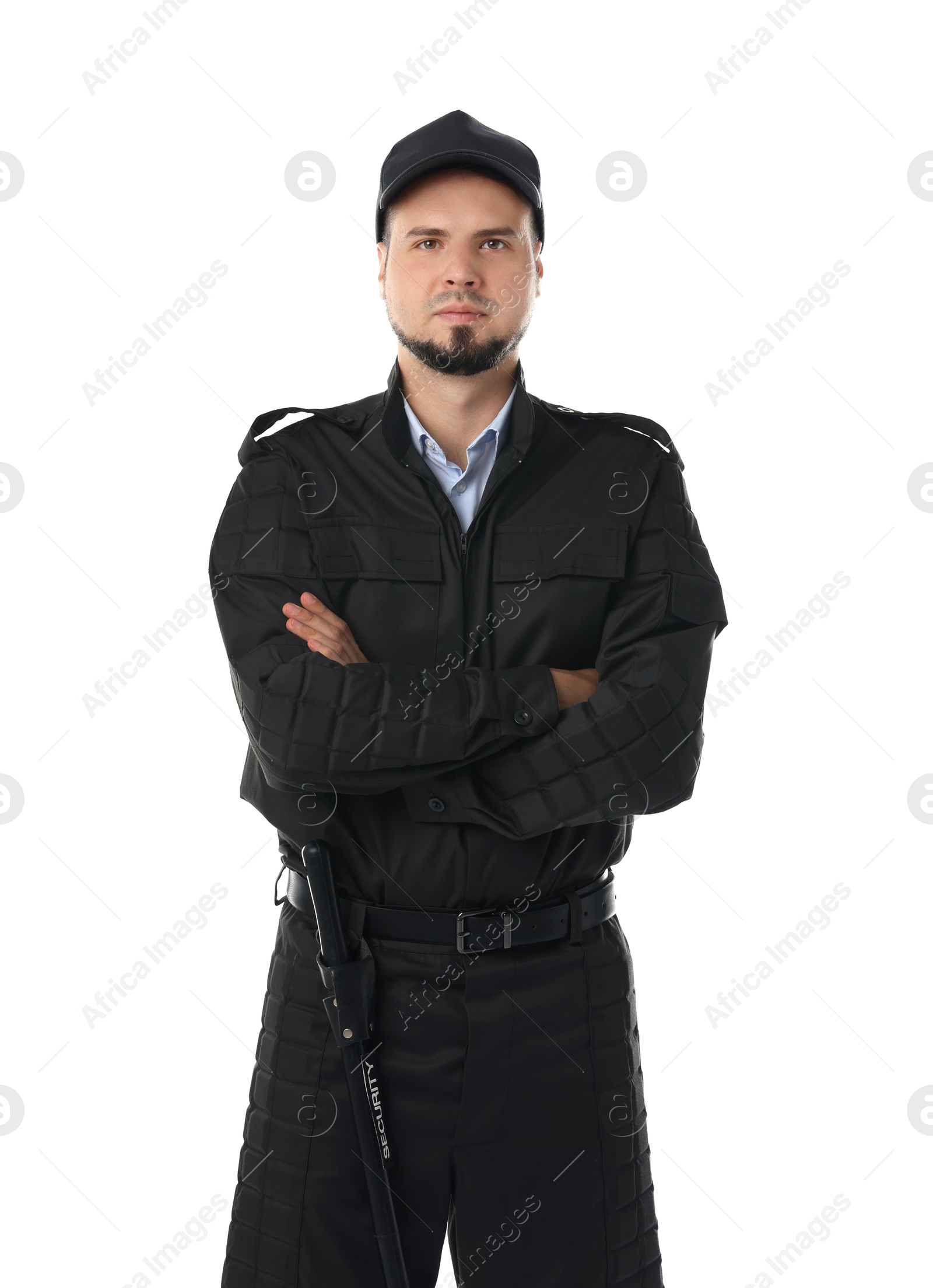 Photo of Young security guard in uniform isolated on white