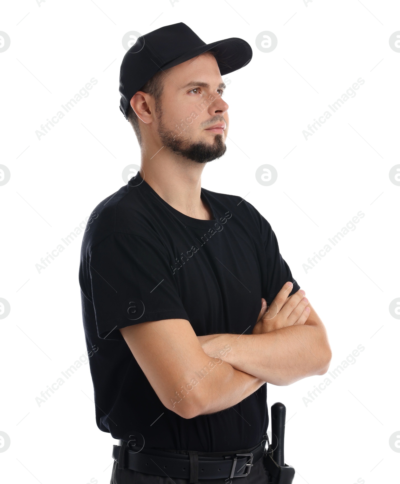 Photo of Young bodyguard with baton isolated on white