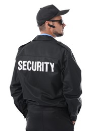 Security guard in uniform and earpiece isolated on white