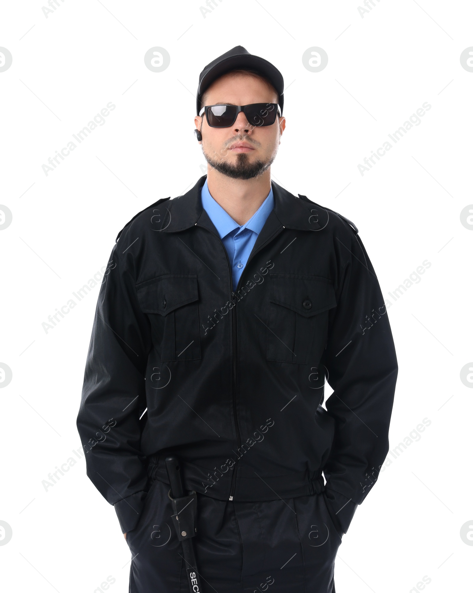 Photo of Security guard in uniform and sunglasses isolated on white