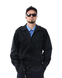 Photo of Security guard in uniform and sunglasses isolated on white