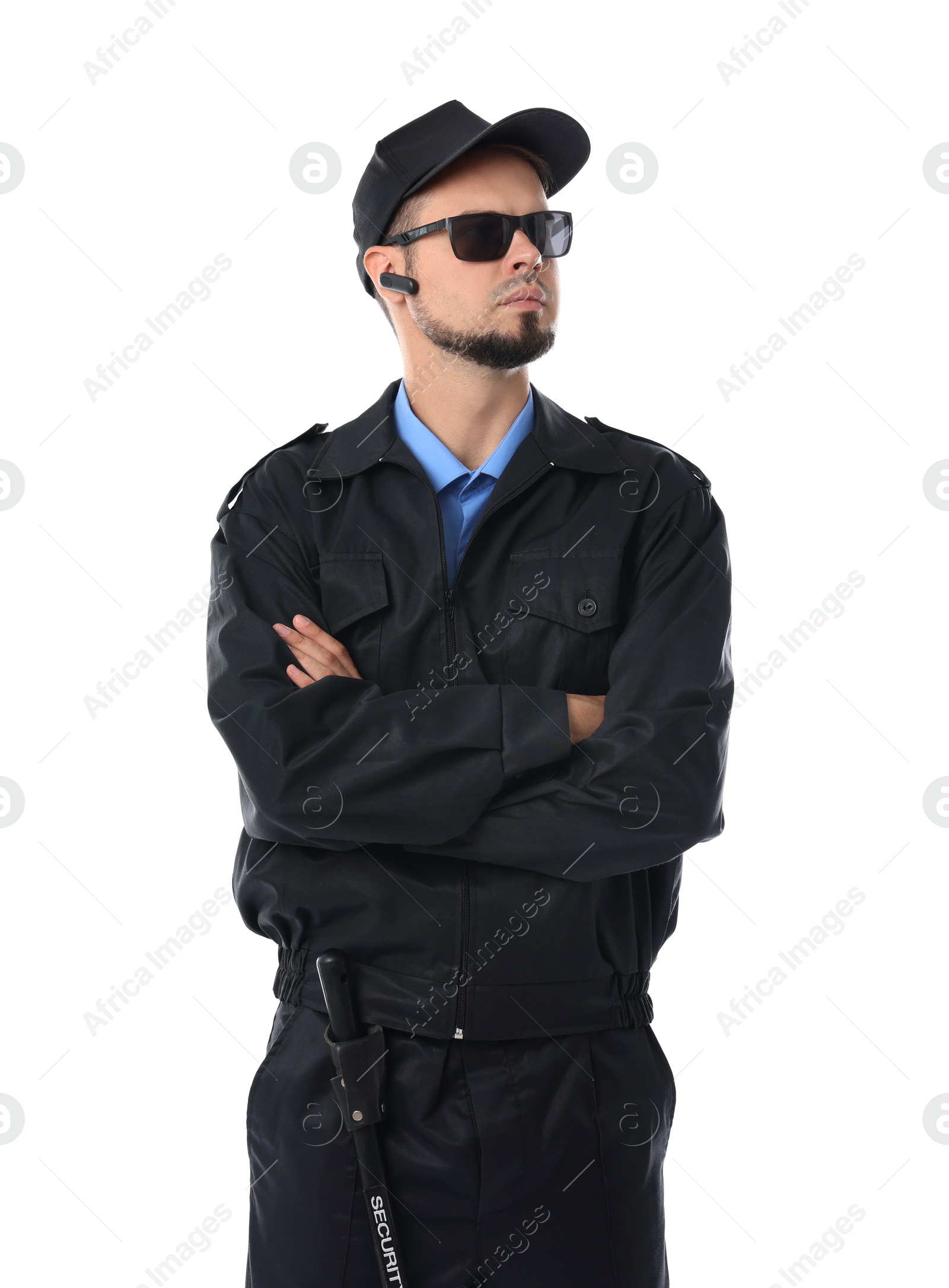 Photo of Security guard in uniform and sunglasses isolated on white