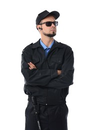 Security guard in uniform and sunglasses isolated on white