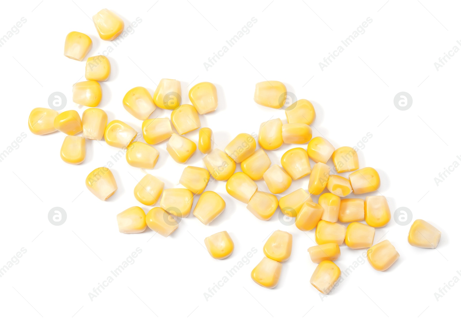 Photo of Pile of fresh corn kernels on white background, flat lay