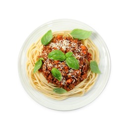 Photo of Delicious pasta bolognese with basil isolated on white, top view