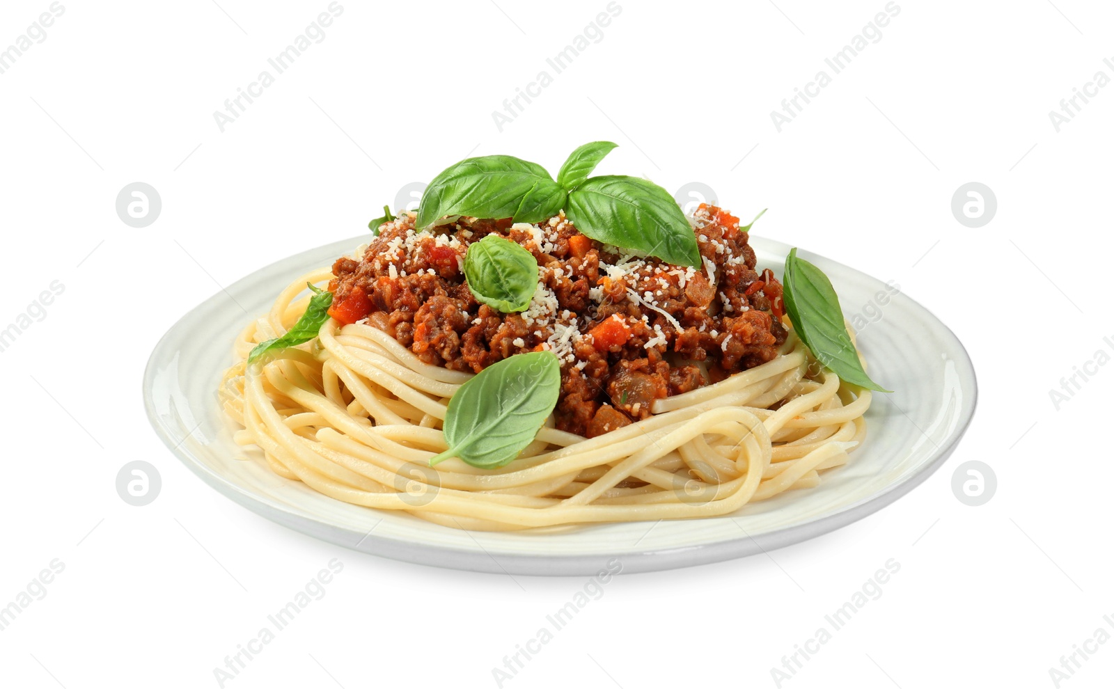 Photo of Delicious pasta bolognese with basil isolated on white