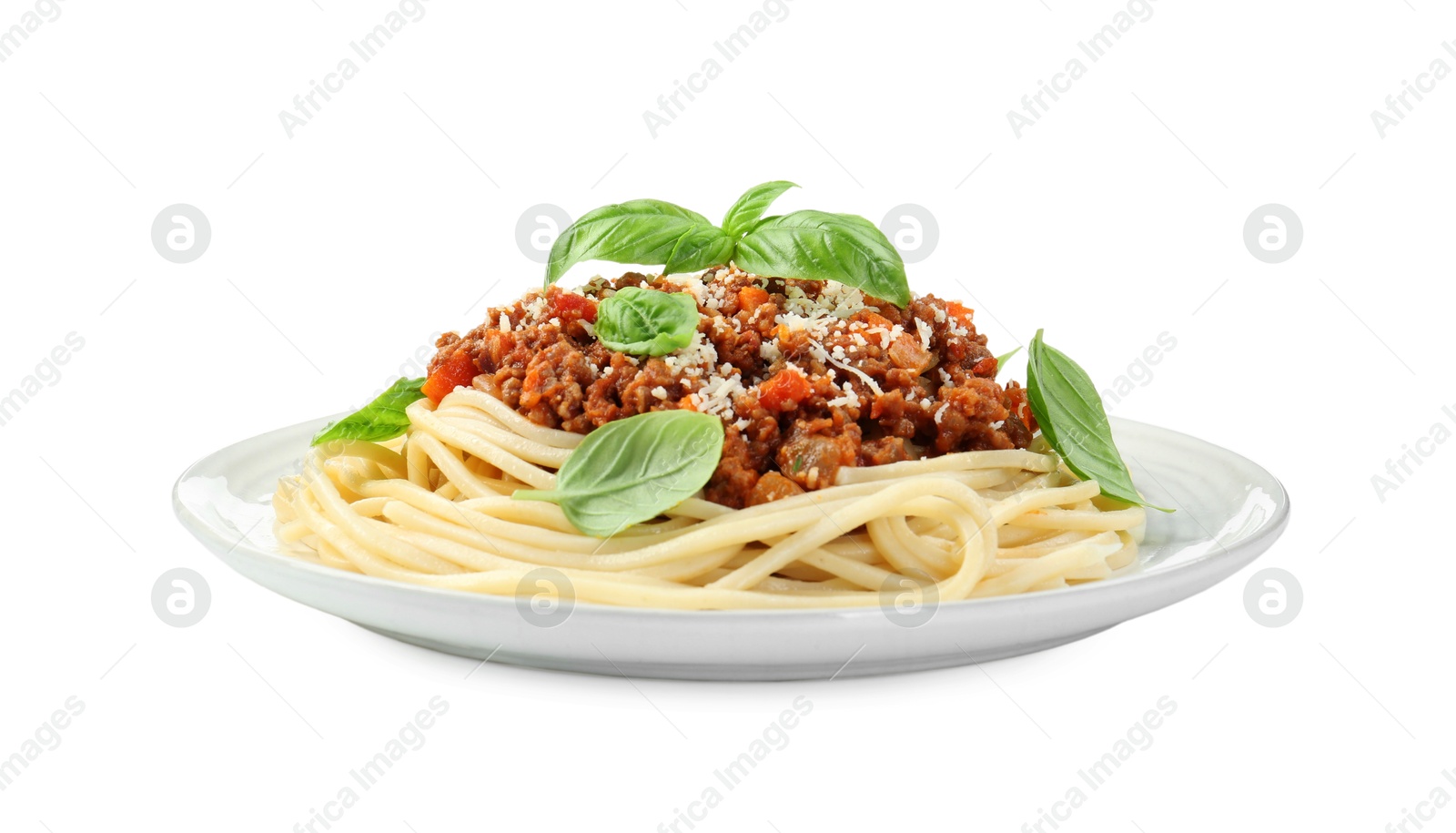 Photo of Delicious pasta bolognese with basil isolated on white