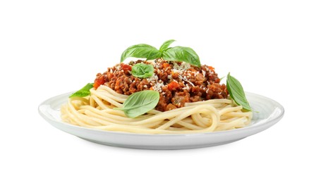 Photo of Delicious pasta bolognese with basil isolated on white