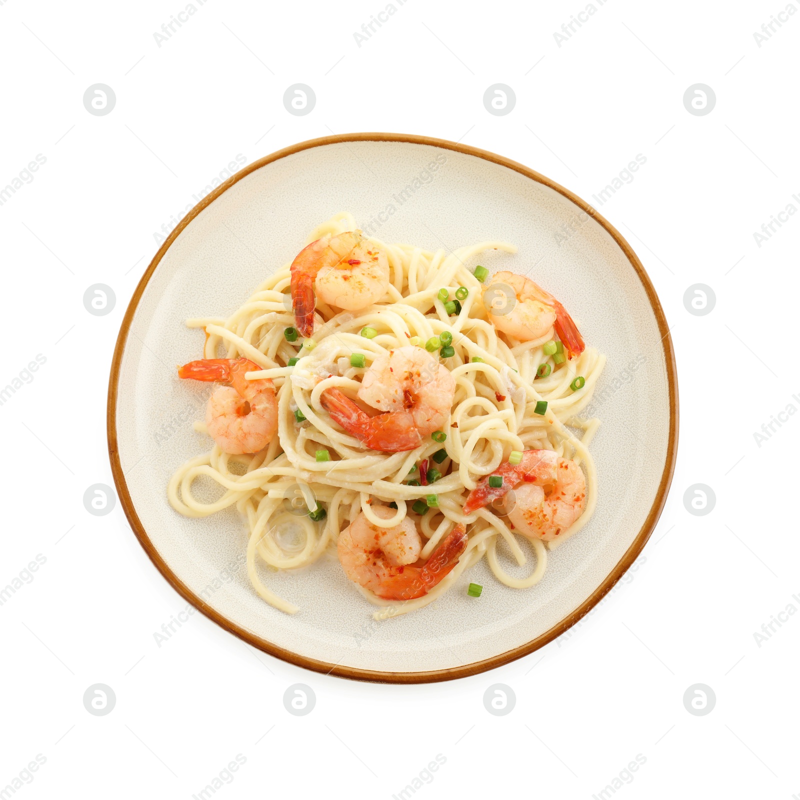 Photo of Delicious pasta with shrimps and green onions isolated on white, top view