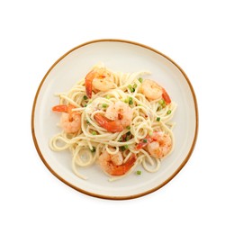 Photo of Delicious pasta with shrimps and green onions isolated on white, top view