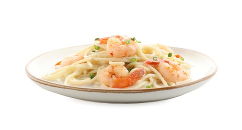 Photo of Delicious pasta with shrimps and green onions isolated on white