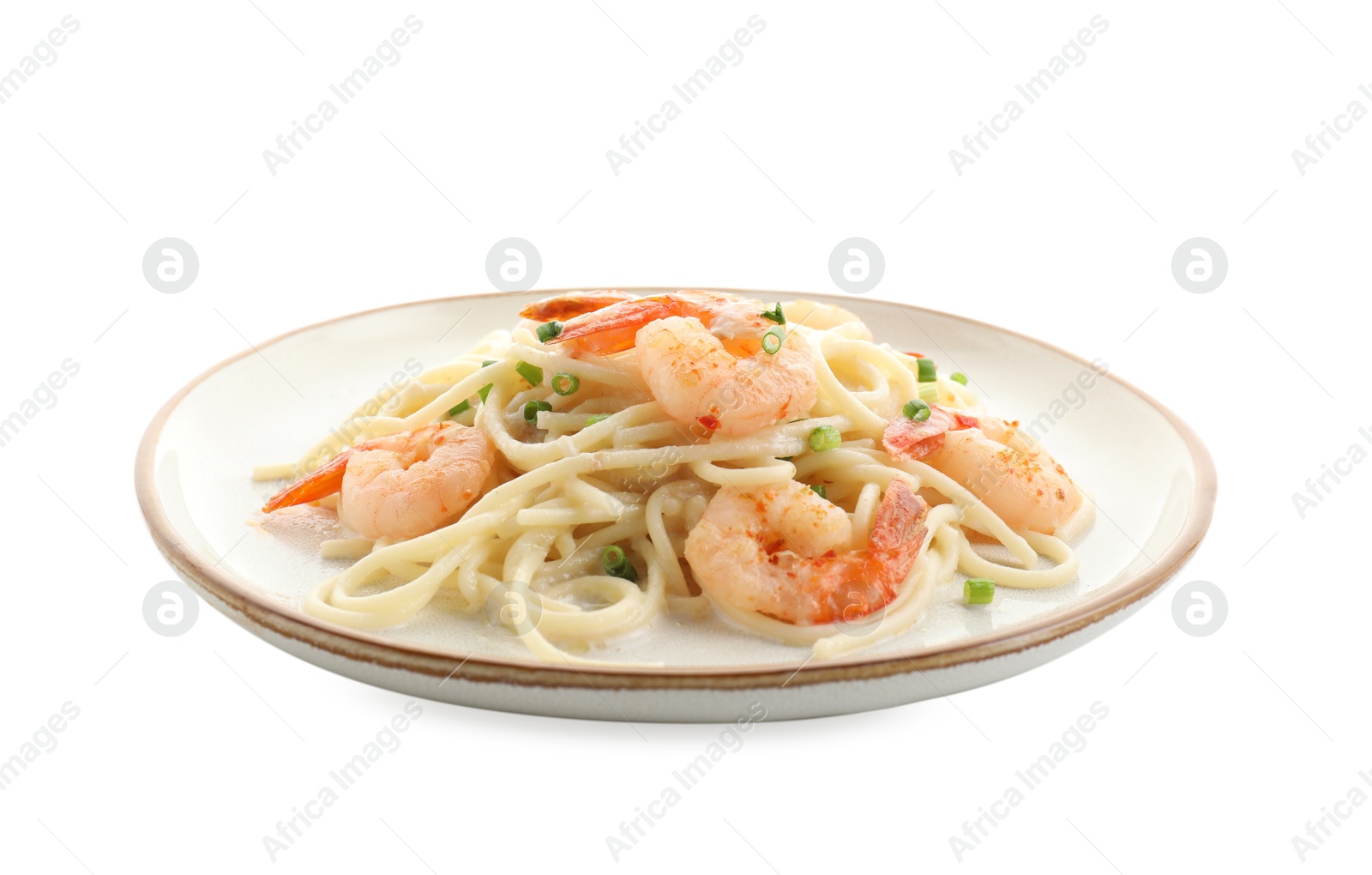 Photo of Delicious pasta with shrimps and green onions isolated on white