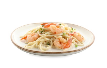 Photo of Delicious pasta with shrimps and green onions isolated on white