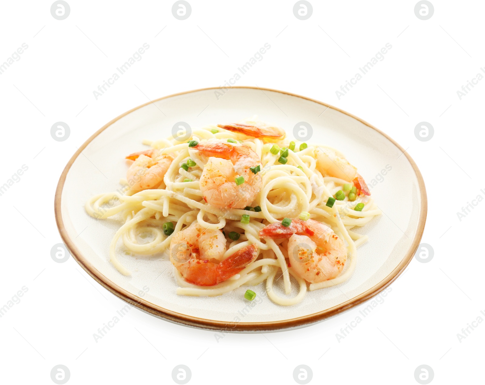 Photo of Delicious pasta with shrimps and green onions isolated on white