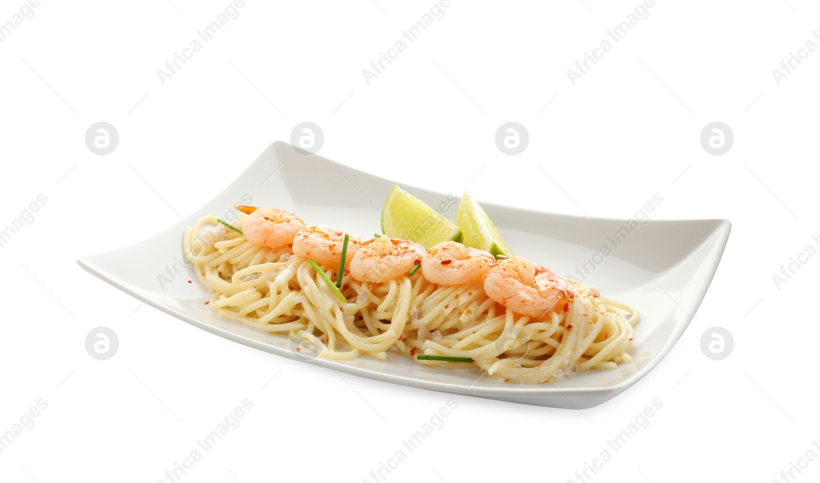 Photo of Delicious pasta with shrimps, green onions and lime isolated on white