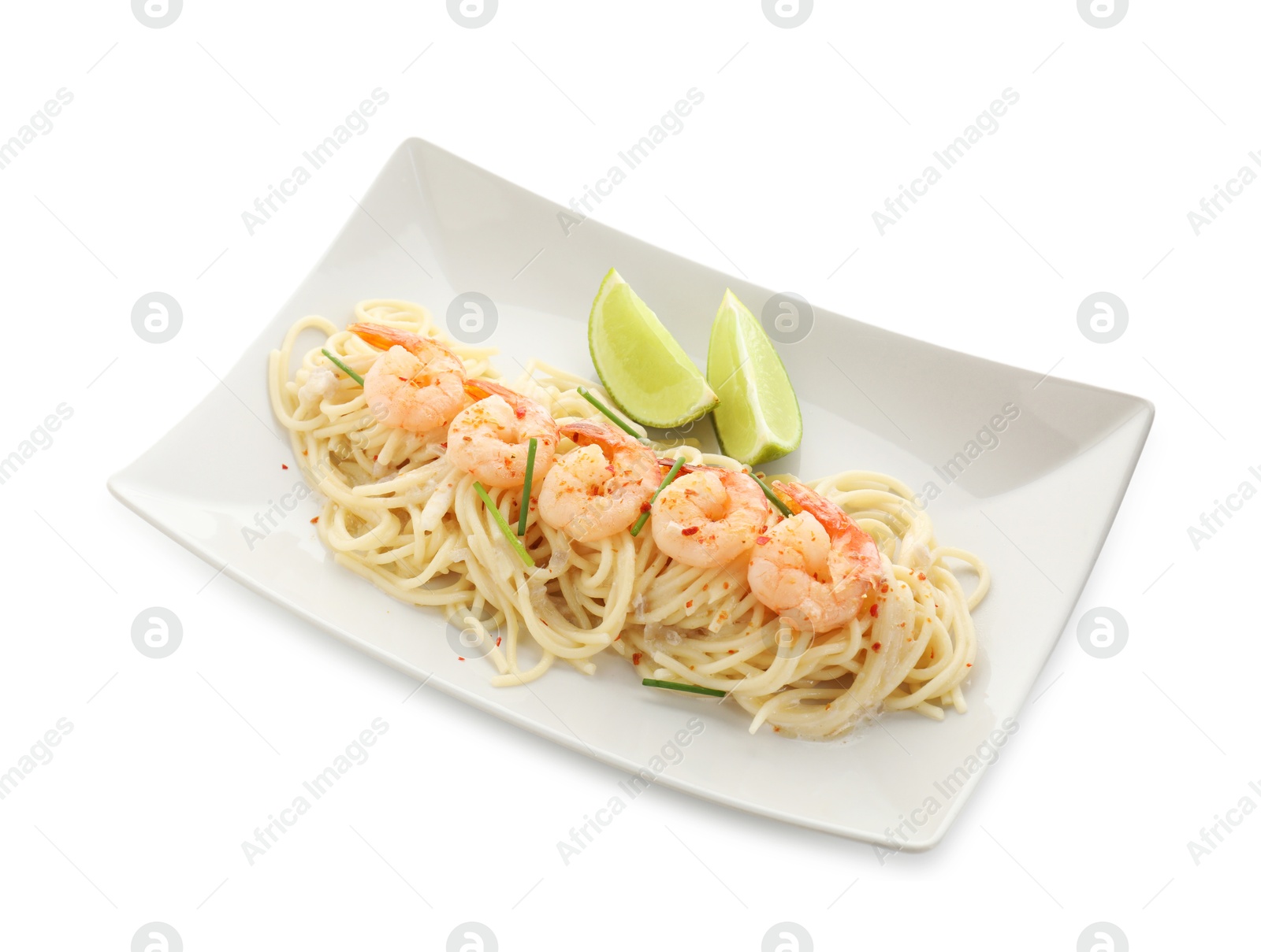 Photo of Delicious pasta with shrimps, green onions and lime isolated on white