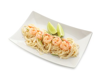 Photo of Delicious pasta with shrimps, green onions and lime isolated on white