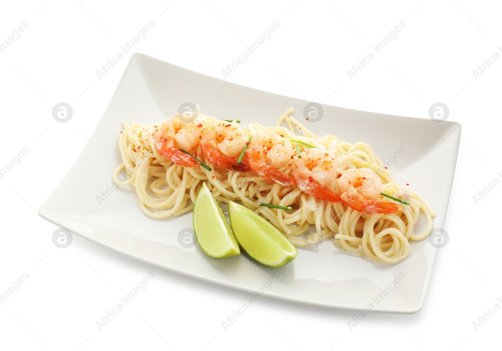 Photo of Delicious pasta with shrimps, green onions and lime isolated on white