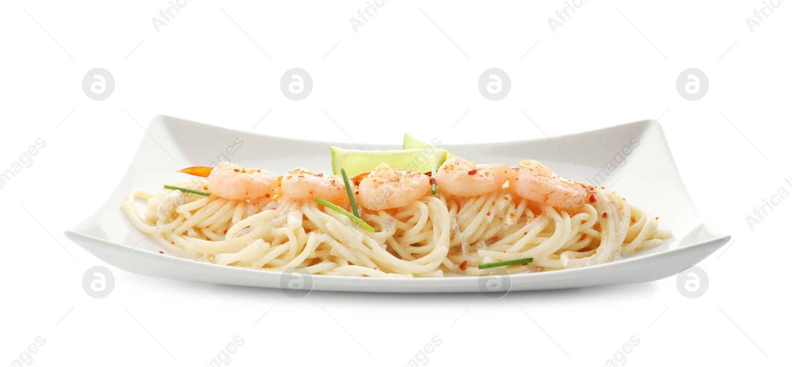 Photo of Delicious pasta with shrimps, green onions and lime isolated on white