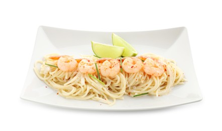 Photo of Delicious pasta with shrimps, green onions and lime isolated on white