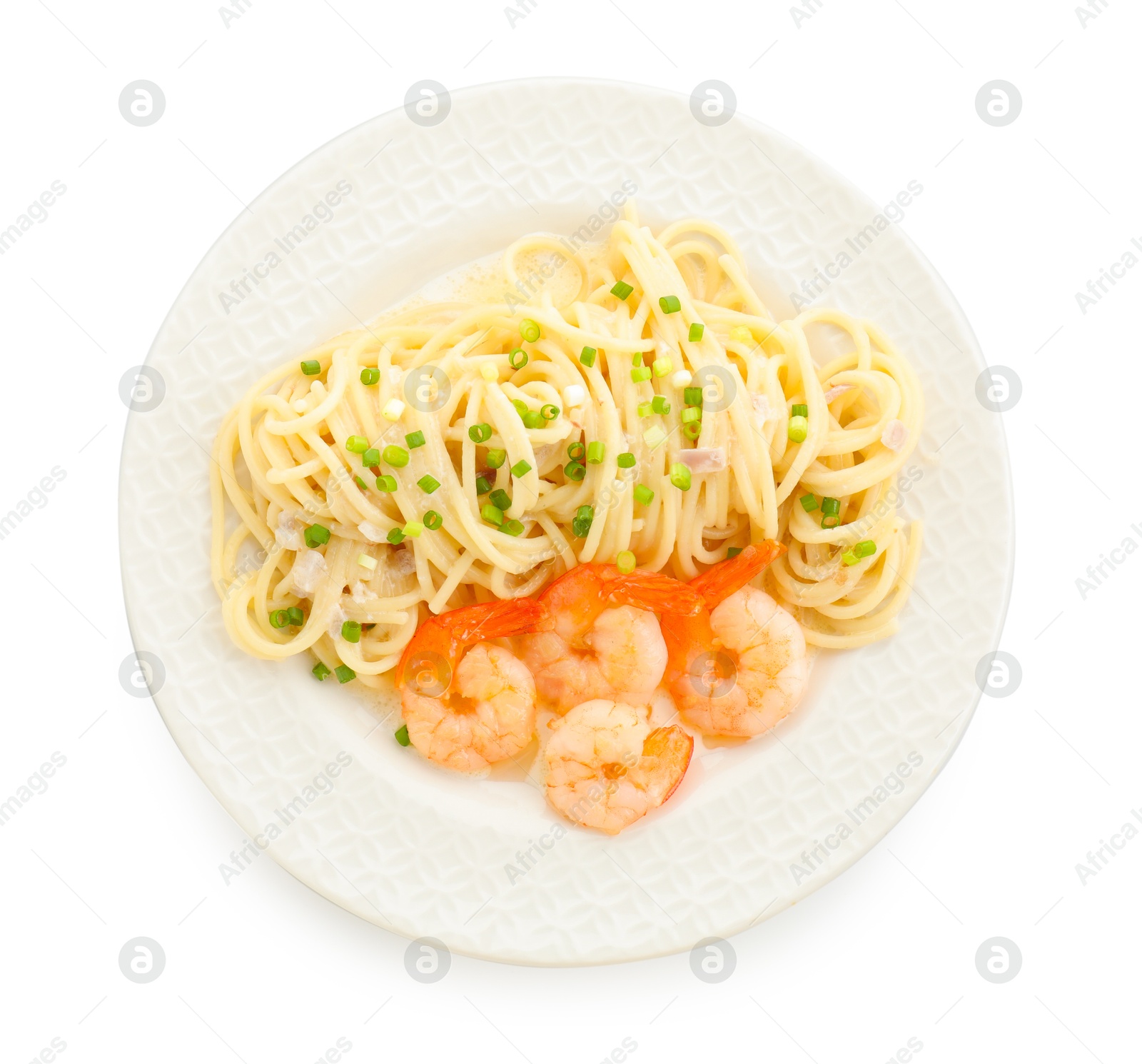 Photo of Delicious pasta with shrimps and green onions isolated on white, top view