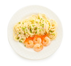 Photo of Delicious pasta with shrimps and green onions isolated on white, top view