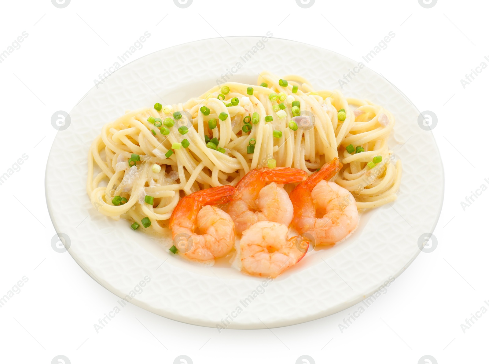 Photo of Delicious pasta with shrimps and green onions isolated on white