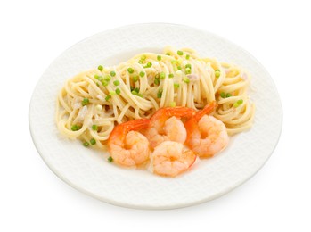 Photo of Delicious pasta with shrimps and green onions isolated on white