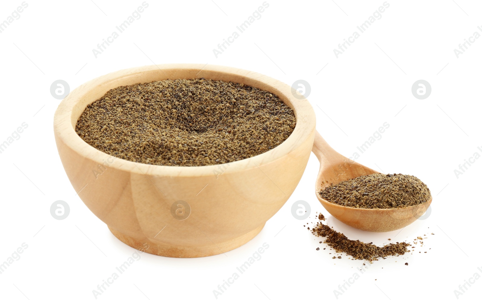 Photo of Superfood powder in bowl and spoon isolated on white