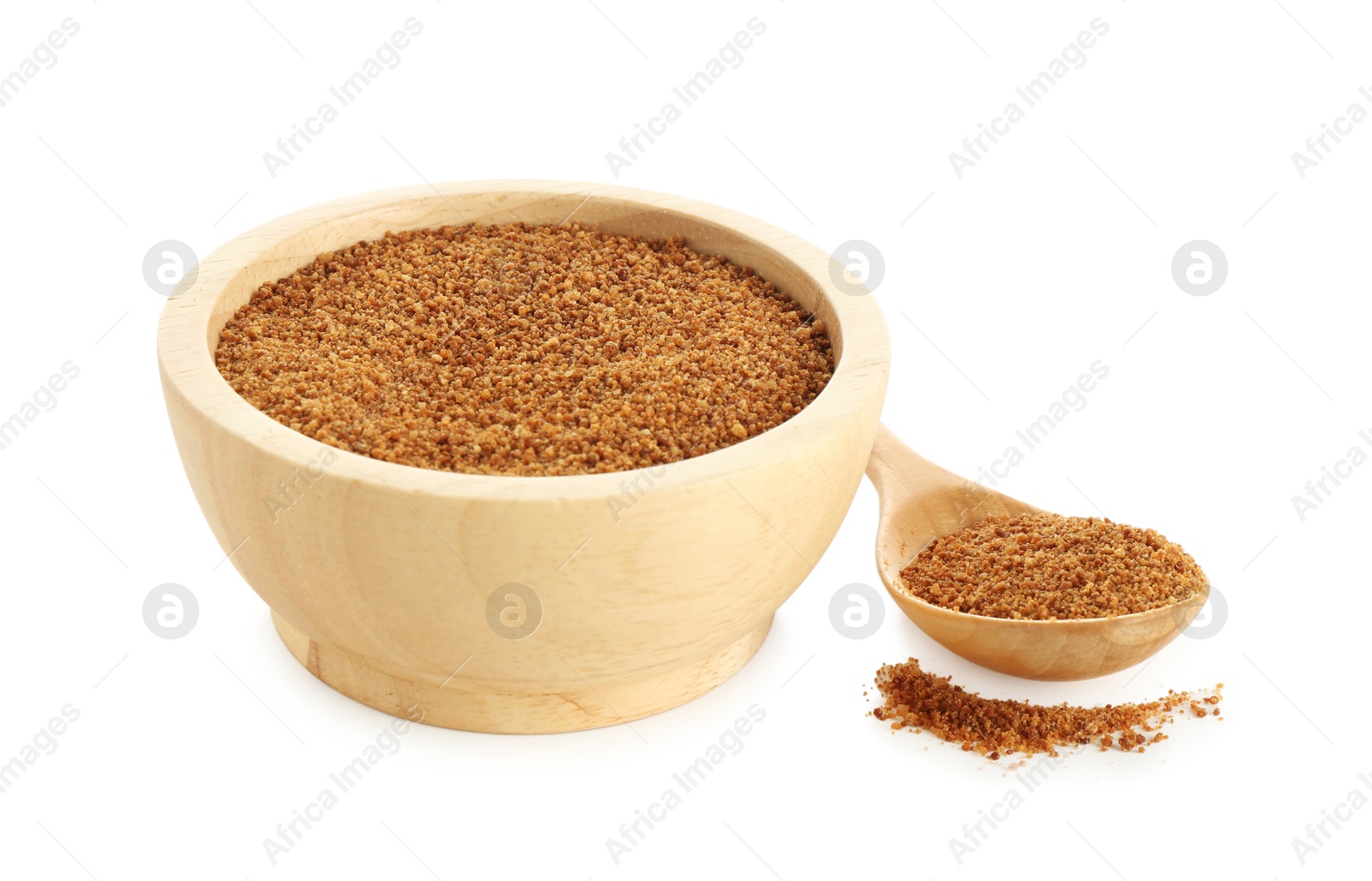 Photo of Superfood powder in bowl and spoon isolated on white