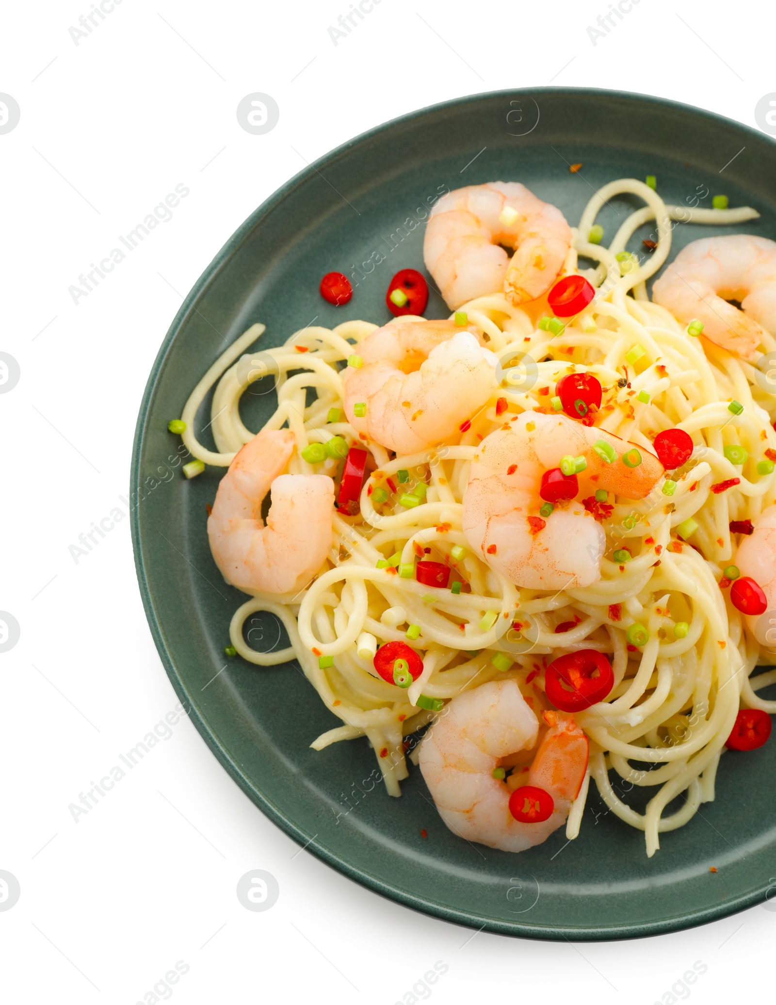 Photo of Delicious pasta with shrimps, green onion and chili pepper isolated on white, top view