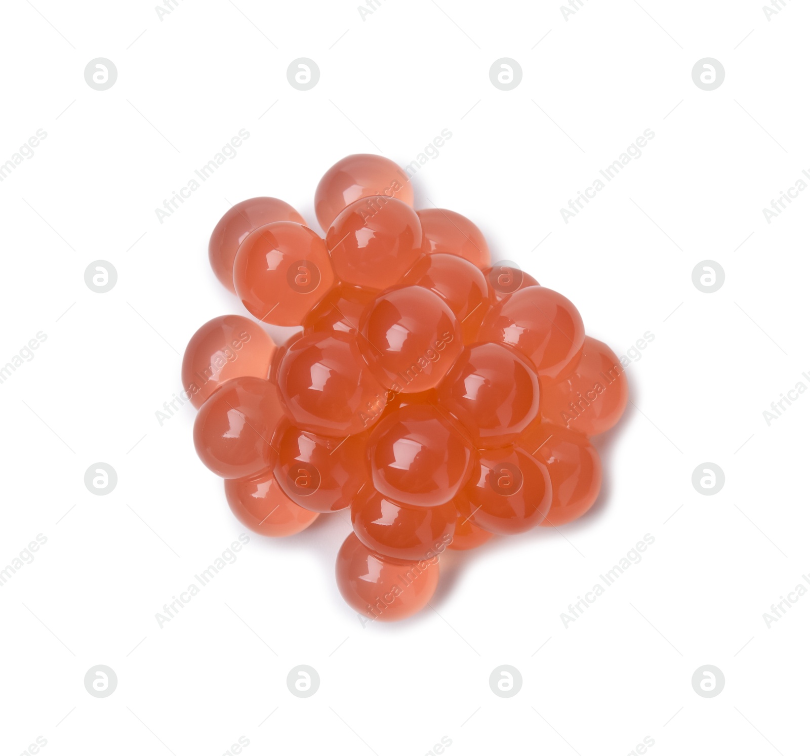 Photo of Pile of bright tapioca pearls isolated on white, top view