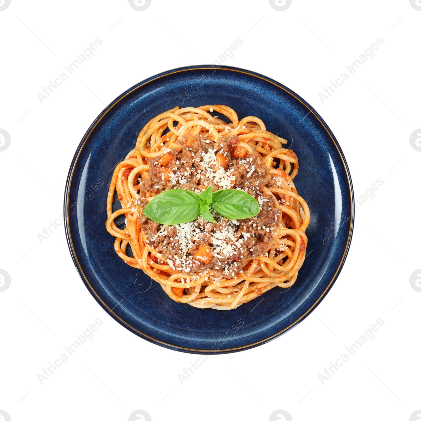 Photo of Delicious pasta bolognese with basil isolated on white, top view