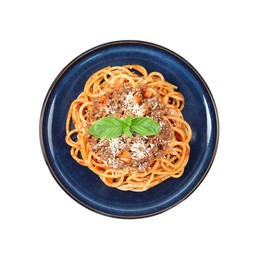 Photo of Delicious pasta bolognese with basil isolated on white, top view