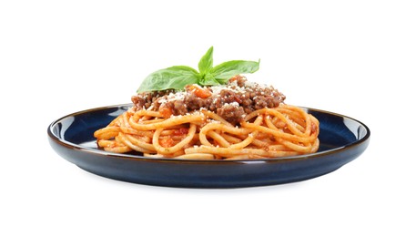 Photo of Delicious pasta bolognese with basil isolated on white