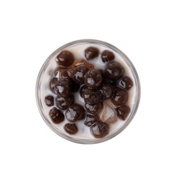 Photo of Tasty milk bubble tea in glass isolated on white, top view