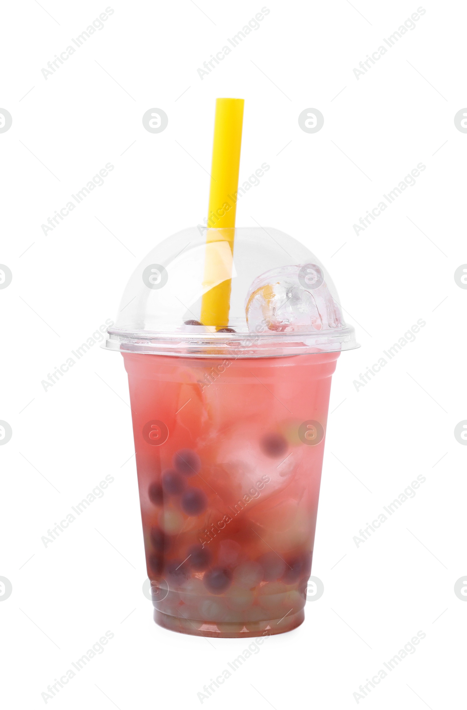 Photo of Tasty bubble tea in plastic cup isolated on white