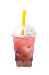 Photo of Tasty bubble tea in plastic cup isolated on white