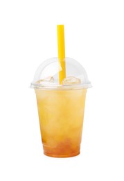 Photo of Tasty bubble tea in plastic cup isolated on white