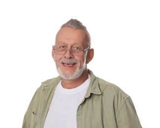 Portrait of smiling senior man on white background