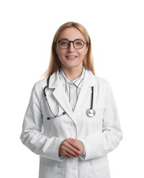 Photo of Smiling doctor with stethoscope on white background