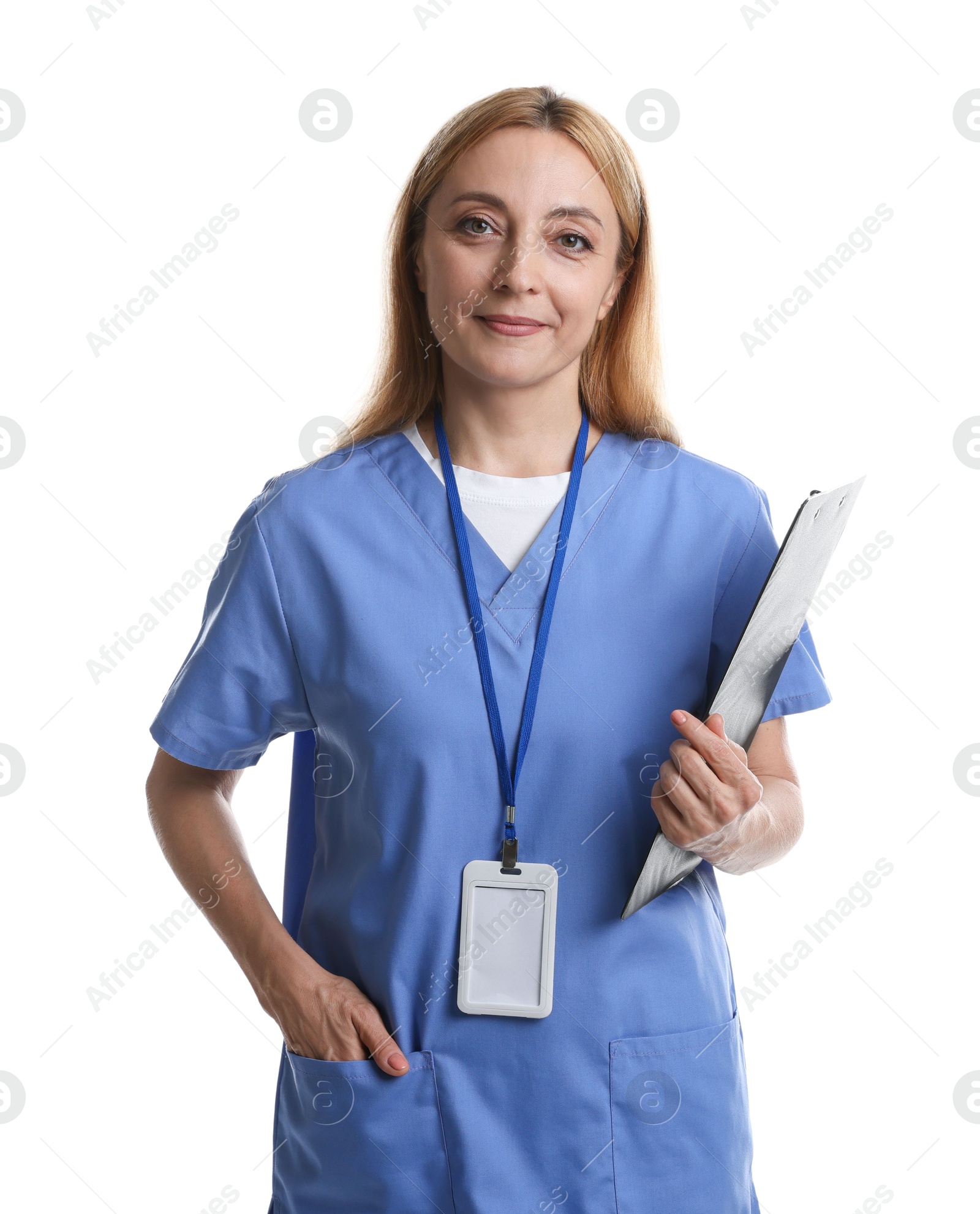 Photo of Doctor with badge and clipboard on white background