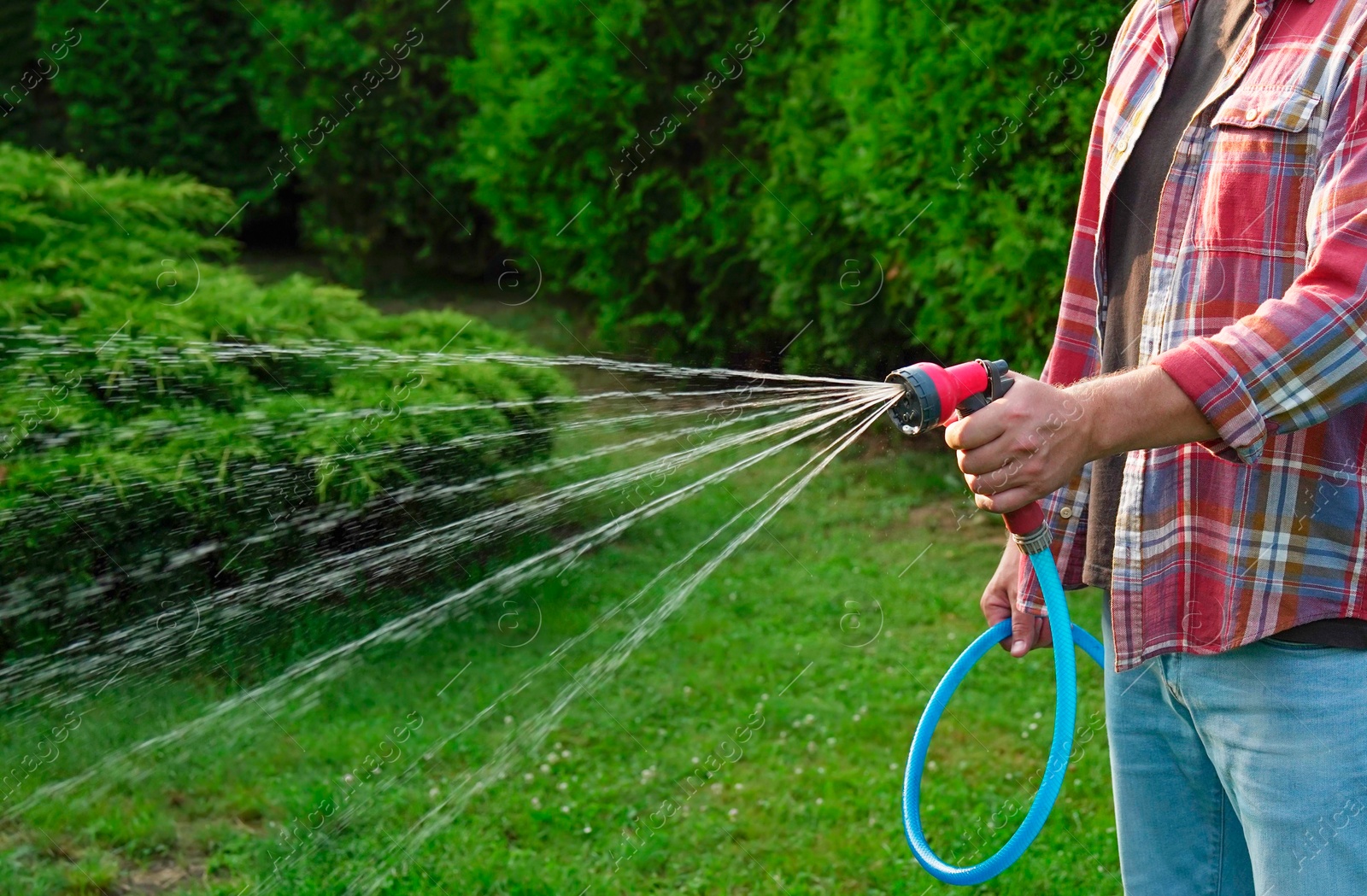 Photo of Man watering lawn with hose in backyard, closeup