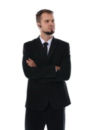 Young bodyguard in suit with earpiece isolated on white