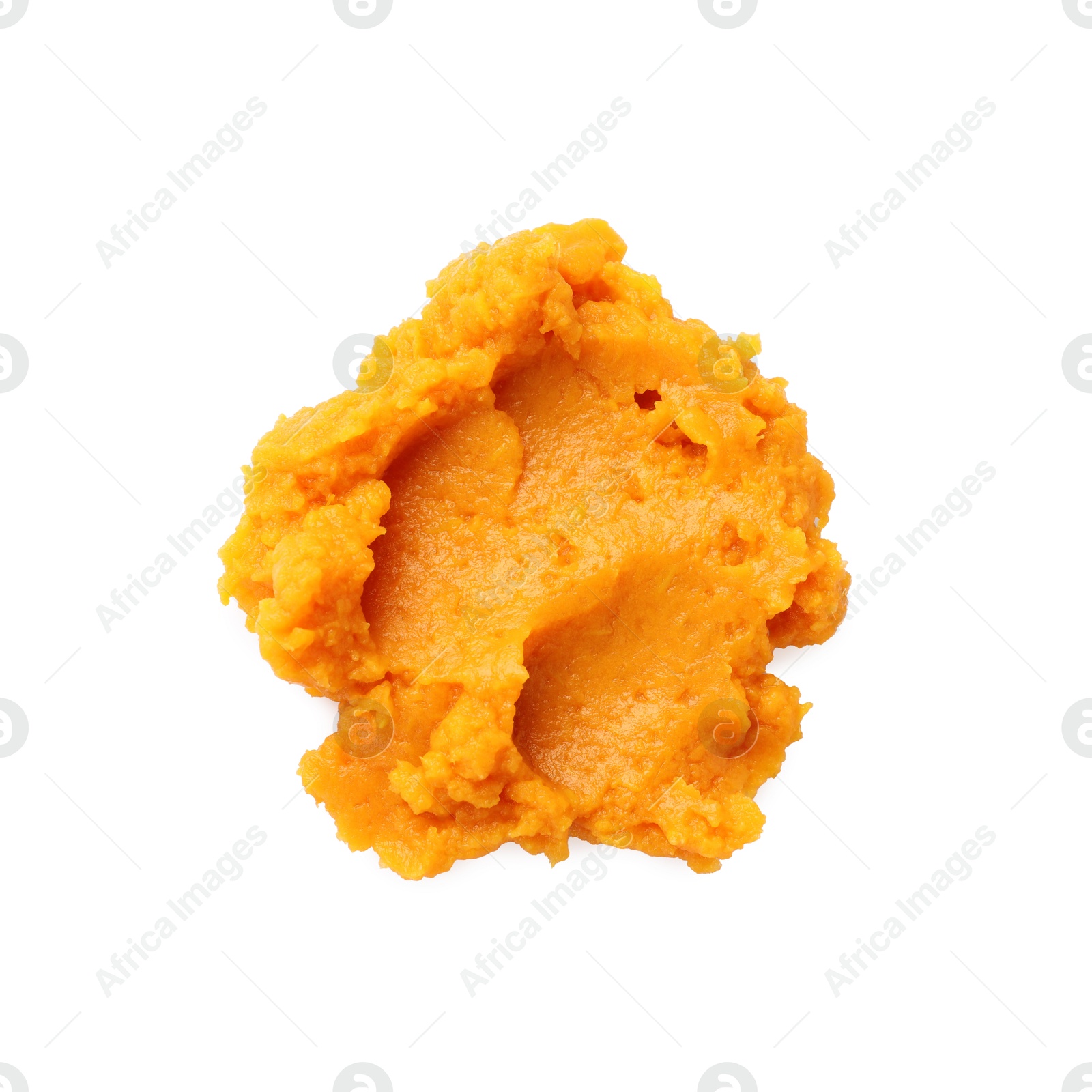 Photo of Delicious mashed sweet potatoes isolated on white, top view